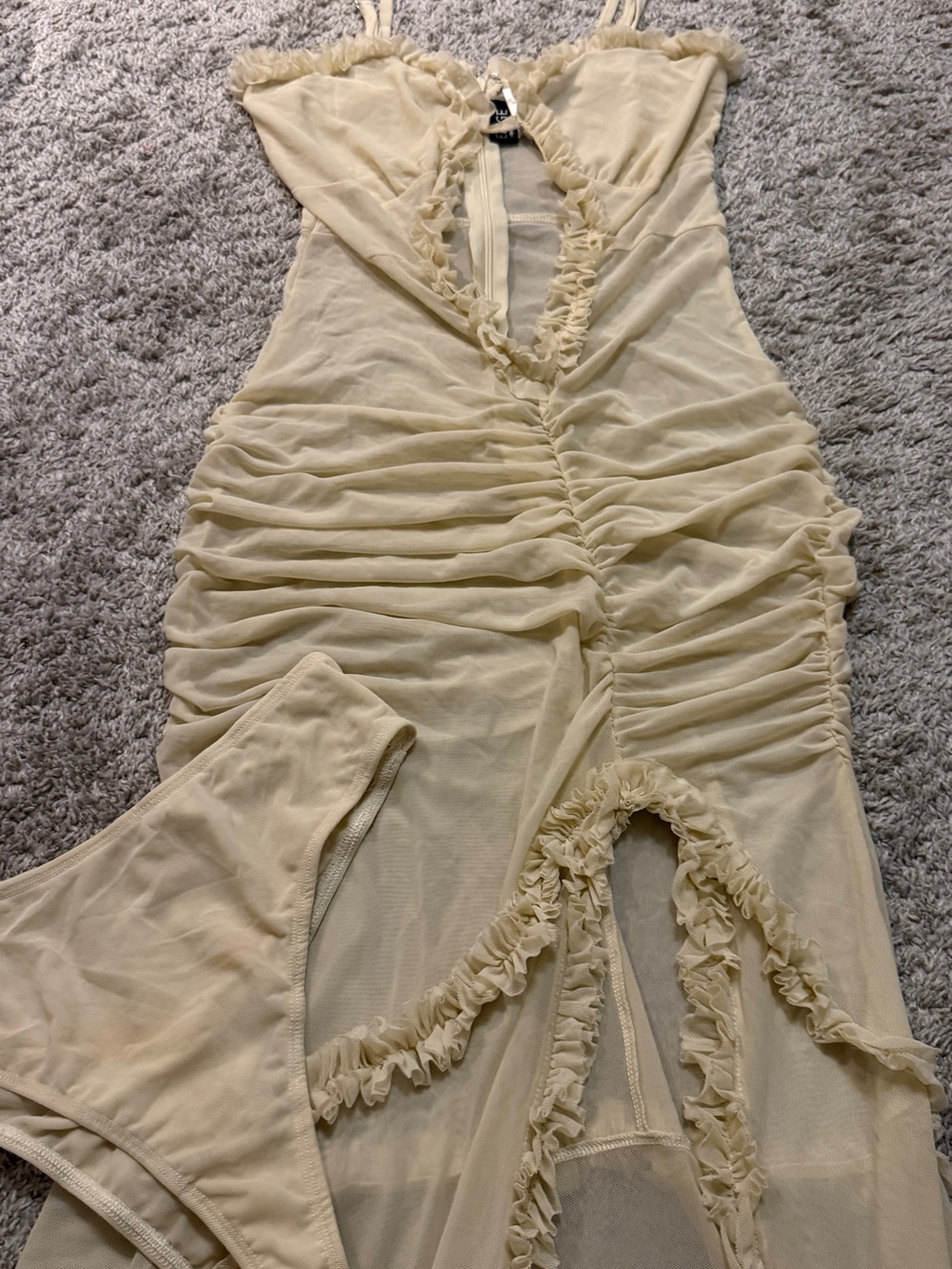 Sheer Ruffled Cream Ruched Slip Dress